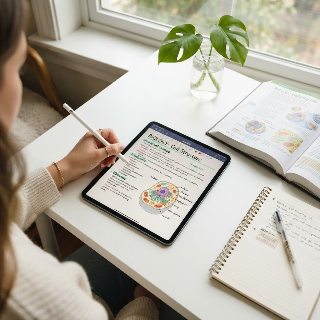 A college student taking handwritten notes on an iPad with a stylus